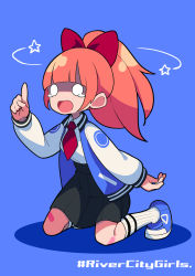 Rule 34 | 1girl, absurdres, bandaid, bandaid on knee, bandaid on leg, black skirt, blue background, blue footwear, bow, copyright name, cosmetics, crying, crying with eyes open, dizzy, fami (yellow skies), full body, hair bow, highres, index finger raised, jacket, kneeling, kunio-kun series, kyoko (kunio-kun), long hair, long sleeves, necktie, o o, open clothes, open jacket, open mouth, orange hair, pleated skirt, ponytail, red bow, red necktie, river city girls, simple background, skirt, solo, tears, tennis, track jacket
