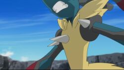 Rule 34 | angry, animal ears, animated, arm up, clenched hands, colored sclera, creatures (company), fighting, game freak, gen 3 pokemon, gen 4 pokemon, iwane masaaki, jumping, looking at another, lucario, mabel (pokemon), mawile, mega lucario, mega mawile, mega pokemon, night, night sky, nintendo, pokemon, pokemon (anime), pokemon (creature), pokemon xy (anime), punching, red eyes, serious, sharp teeth, sky, tagme, tail, teeth, video