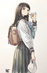 Rule 34 | 1girl, backpack, bag, candy, food, from side, hand up, highres, hiro (dismaless), lollipop, long hair, looking to the side, muted color, nib pen (medium), original, painting (medium), pinky out, plastic bag, school uniform, serafuku, signature, sketch, skirt, solo, texture, traditional media, watercolor (medium)