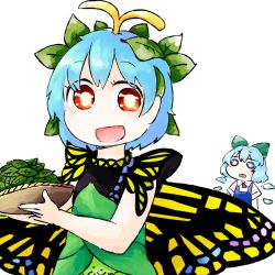Rule 34 | 2girls, antennae, aqua hair, blue bow, blue dress, blue eyes, blue hair, blush, bow, butterfly wings, cirno, collared shirt, commentary request, dress, eternity larva, fairy, green dress, hair between eyes, hair bow, holding, ice, ice wings, insect wings, leaf, leaf on head, multicolored clothes, multicolored dress, multiple girls, open mouth, orange eyes, shirt, short hair, short sleeves, simple background, single strap, smile, touhou, white background, white shirt, wings, yaise