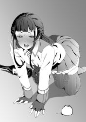 Rule 34 | 1girl, all fours, blush, bottle, braid, drunk, fingerless gloves, gloves, greyscale, highres, kantai collection, long hair, long sleeves, looking at viewer, military, military uniform, monochrome, open mouth, pleated skirt, sake bottle, shingyou (alexander-13), single braid, skirt, solo, striped clothes, striped thighhighs, thighhighs, uniform, vertical-striped clothes, vertical-striped thighhighs, yamashio maru (kancolle)