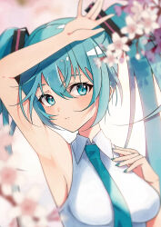 Rule 34 | 1078720951, 1girl, absurdres, aqua eyes, aqua hair, aqua nails, aqua necktie, armpits, bare arms, blurry, blurry background, blurry foreground, blush, cherry blossoms, closed mouth, collared shirt, commentary request, expressionless, flower, hair between eyes, hand on own chest, hand up, hatsune miku, highres, long hair, looking at viewer, necktie, pink flower, shirt, sidelocks, sleeveless, sleeveless shirt, solo, twintails, vocaloid, white shirt