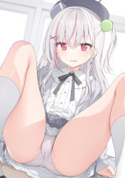 Rule 34 | 1girl, absurdres, ass, beret, black bow, black hat, black skirt, blush, bow, center frills, clothes lift, collared shirt, commentary request, dress shirt, fang, feet out of frame, frills, grey hair, grey jacket, hair between eyes, hair ornament, hairclip, hat, highres, jacket, jyt, long hair, looking at viewer, multicolored hair, one side up, open clothes, open jacket, original, panties, parted lips, pleated skirt, red eyes, red hair, school uniform, shirt, skirt, skirt lift, socks, solo, streaked hair, underwear, very long hair, wavy mouth, white panties, white shirt, white socks, x hair ornament