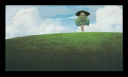 Rule 34 | 1girl, alternate costume, blonde hair, blue sky, cloud, day, framed, hair ribbon, hat, hill, long sleeves, miso pan, moriya suwako, moss, outstretched arms, ribbon, scenery, shirt, skirt, skirt set, sky, solo, touhou, wide sleeves