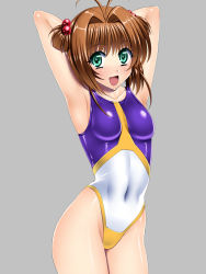Rule 34 | 1girl, adapted costume, antenna hair, armpits, arms up, bad id, bad pixiv id, brown hair, cardcaptor sakura, competition swimsuit, cosplay, covered navel, green eyes, gundam, gundam seed, gundam seed destiny, highleg, highleg swimsuit, highres, kinomoto sakura, leotard, meer campbell, meer campbell (cosplay), one-piece swimsuit, sen (sansui), shiny clothes, shiny skin, short hair, solo, swimsuit, twintails, two side up