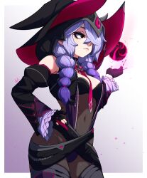 Rule 34 | 1girl, absurdres, artist request, black eyes, bodysuit, braid, breasts, detached sleeves, energy ball, era (omega strikers), gradient background, hand on own hip, hat, highres, large breasts, long hair, magic, nails, omega strikers, one eye covered, purple hair, see-through bodysuit, serious, witch, witch hat