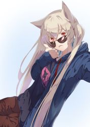 Rule 34 | 1girl, animal ears, blonde hair, brown-tinted eyewear, fang, hair between eyes, hair ears, hands up, highres, looking at viewer, looking over eyewear, looking over glasses, mikisai, open mouth, original, pointing, red eyes, sidelocks, simple background, solo, sunglasses, tinted eyewear, twintails, white background