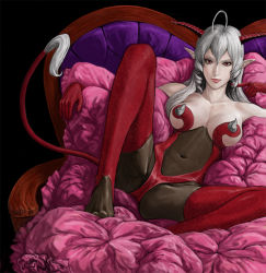 Rule 34 | 1girl, ahoge, breasts, character request, demon girl, dragon quest, dragon quest x, horns, lipstick, long hair, looking at viewer, makeup, pointy ears, reclining, red eyes, silver hair, solo, square enix, tail, tobita nikiichi