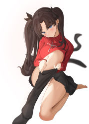 Rule 34 | 1girl, absurdres, black hair, black ribbon, black thighhighs, blue eyes, blush, breasts, fate/stay night, fate (series), hair ribbon, highres, long hair, long sleeves, looking at viewer, medium breasts, parted bangs, red shirt, ribbon, shirt, simple background, thighhighs, thighs, tohsaka rin, twintails, two side up, white background