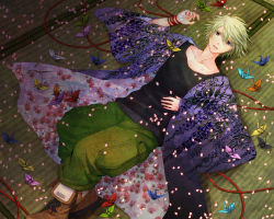 Rule 34 | 10s, 1boy, blonde hair, boots, cherry blossoms, floral print, flower, ivan karelin, japanese clothes, kinata, lying, male focus, on back, origami, paper crane, petals, purple eyes, short hair, solo, string, string of fate, tatami, tiger &amp; bunny, wisteria