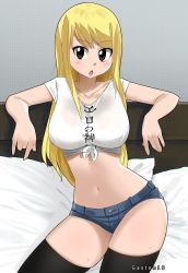 Rule 34 | 1girl, artist name, bed, black thighhighs, blonde hair, blush, breasts, brown eyes, collarbone, denim, denim shorts, fairy tail, gaston18, highres, large breasts, long hair, looking at viewer, lucy heartfilia, navel, open mouth, shirt, short shorts, short sleeves, shorts, solo, stomach, sweat, thick thighs, thighhighs, thighs, tied shirt, white shirt