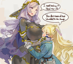 Rule 34 | 2girls, black dress, blonde hair, blue eyes, braid, breast smother, breasts, dress, english text, face to breasts, french braid, grey background, heart, huge breasts, kazo (kazozakazo), long hair, multiple girls, naughty face, original, purple eyes, purple hair, size difference, smile, thighs, wide hips
