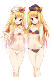 Rule 34 | 2girls, bikini, black bikini, blonde hair, blue eyes, blush, bow, breasts, cowboy shot, eyebrows, fairy wings, flower, gluteal fold, hair flower, hair ornament, hat, highres, lily black, lily white, long hair, looking at viewer, maturiuta sorato, multiple girls, navel, open mouth, outstretched arm, outstretched hand, petite, red bow, red eyes, simple background, small breasts, smile, standing, swimsuit, team shanghai alice, thigh gap, touhou, white background, white bikini, wings