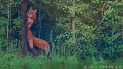 Rule 34 | 1girl, animal ear fluff, animal ears, bare shoulders, behind tree, body fur, brown fur, choker, collarbone, dress, forest, fox ears, fox girl, fox tail, hiding, highres, iskanderednaksi, landscape, leaf, looking at viewer, medium hair, nature, off-shoulder dress, off shoulder, orange dress, orange hair, orange tail, original, outdoors, parted lips, plant, runes, solo, standing, tail, tree, yellow eyes