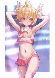 1girl armpits arms_up azulasi bare_shoulders blonde_hair blush collarbone cowboy_shot crop_top hair_between_eyes highres kagamine_len looking_at_viewer midriff miniskirt navel pink_shirt pink_skirt purple_eyes shirt short_hair skirt solo stomach thighhighs thighs trap vocaloid