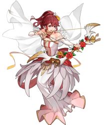Rule 34 | 1girl, anna (fire emblem), arrow (projectile), bare shoulders, bow (weapon), breasts, detached sleeves, dress, feather trim, fire emblem, fire emblem awakening, fire emblem heroes, full body, gold trim, gradient clothes, hair ornament, halterneck, highres, holding, holding bow (weapon), holding weapon, konfuzikokon, long dress, long hair, looking away, medium breasts, nintendo, non-web source, official art, open mouth, ponytail, red eyes, red hair, smile, solo, stuffed animal, stuffed toy, teddy bear, transparent background, weapon, wedding dress, white dress