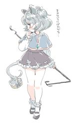 Rule 34 | 1girl, animal ears, bare legs, bloomers, blush, bobby socks, capelet, dowsing rod, female focus, full body, grey hair, long sleeves, looking away, mary janes, microskirt, mitsumoto jouji, mouse ears, mouse tail, nazrin, pale color, petticoat, puffy long sleeves, puffy sleeves, red eyes, shoes, skirt, socks, solo, tail, touhou, underwear, white background