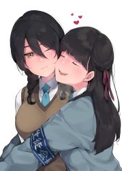 Rule 34 | 2girls, :t, absurdres, armband, black hair, blue necktie, braid, brown eyes, cheek-to-cheek, closed eyes, collared shirt, drooling, female focus, hair between eyes, heads together, heart, highres, hug, mayuri kaichou, mole, mole under mouth, multiple girls, necktie, one eye closed, open mouth, original, shirt, simple background, smile, sweater vest, twin braids, upper body, white background, white shirt, yuri