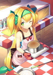 Rule 34 | 1girl, ;d, apron, blazblue, blonde hair, bow, casual, green eyes, gurasion (gurasion), hair bow, hair ribbon, hairband, long hair, looking at viewer, mittens, one eye closed, open mouth, platinum the trinity, red mittens, ribbon, smile, solo, two side up