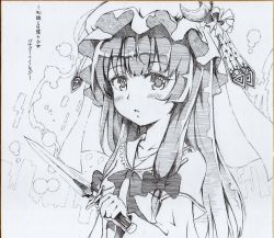 Rule 34 | 1girl, ballpoint pen (medium), blush, bow, bowtie, capelet, collarbone, commentary request, crescent, crescent pin, dagger, greyscale, hair bow, hat, hat ribbon, highres, hikaru no yuska, holding, holding dagger, holding knife, holding weapon, knife, long hair, looking at viewer, monochrome, open mouth, patchouli knowledge, ribbon, solo, touhou, traditional media, translation request, upper body, very long hair, weapon, wide sleeves
