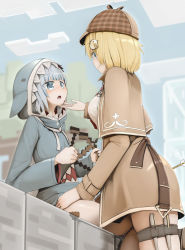 Rule 34 | 2girls, animal costume, animal hood, arrow (projectile), blonde hair, blue eyes, blue hair, blue hoodie, blunt bangs, blush, bow (weapon), breasts, brown coat, capelet, closed mouth, coat, commentary request, gawr gura, genek, hand on another&#039;s face, hand on another&#039;s thigh, hololive, hololive english, hood, hoodie, looking at another, medium breasts, minecraft, multiple girls, open mouth, shark costume, shark hood, sharp teeth, short hair, sitting, small breasts, smile, standing, teeth, virtual youtuber, watson amelia, watson amelia (1st costume), weapon, yuri