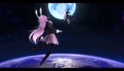 Rule 34 | 2girls, animal ears, black dress, black legwear, blue hair, bobby socks, book, capelet, doremy sweet, dream soul, dress, earth (planet), euphori cat, flying, from behind, grid, hat, highres, jacket, letterboxed, loafers, long hair, long sleeves, looking at another, moon, multiple girls, nebula, nightcap, no shoes, open book, pink skirt, planet, pleated skirt, pom pom (clothes), purple hair, rabbit ears, reisen udongein inaba, shoes, short hair, short sleeves, skirt, socks, space, star (sky), suit jacket, thighhighs, touhou, zettai ryouiki