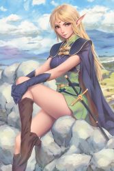 Rule 34 | 1girl, blonde hair, blue sky, boots, cape, circlet, cloud, day, deedlit, elf, gloves, green eyes, high heel boots, high heels, highres, lips, long hair, looking at another, miura-n315, outdoors, pointy ears, record of lodoss war, sitting, sky, smile, solo, sword, weapon