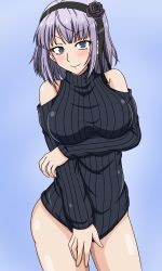 Rule 34 | 10s, 1girl, bad id, bad pixiv id, bare shoulders, blue background, blush, bottomless, breast hold, breasts, clothes tug, contrapposto, cowboy shot, dagashi kashi, female focus, hair ribbon, hairband, kuro hopper, large breasts, looking at viewer, naked sweater, purple hair, ribbed sweater, ribbon, ringed eyes, shidare hotaru, short hair, solo, standing, sweater, sweater tug