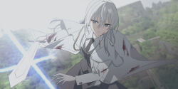 Rule 34 | 1girl, black necktie, black skirt, black vest, blood, blood on clothes, blue eyes, blurry, blurry background, chihuri, collared shirt, depth of field, ende (chihuri), glint, grey hair, grey jacket, hair between eyes, highres, holding, holding sword, holding weapon, jacket, long hair, long sleeves, looking at viewer, necktie, open clothes, open jacket, original, outdoors, parted lips, shirt, skirt, solo, sword, vest, weapon, white shirt