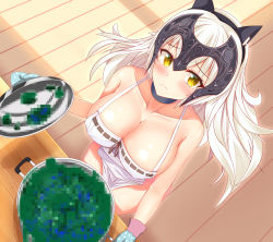 Rule 34 | 1girl, animal ears, apron, bare arms, bare shoulders, black hairband, black neckwear, blonde hair, blush, breasts, censored, cleavage, collarbone, covered erect nipples, day, embarrassed, fake animal ears, fate/grand order, fate (series), from above, frown, hairband, headphones, headpiece, highres, holding, indoors, jeanne d&#039;arc (fate), jeanne d&#039;arc alter (avenger) (fate), jeanne d&#039;arc alter (fate), large breasts, long hair, looking at viewer, looking up, mosaic censoring, naked apron, nekoda (maoda), oven mitts, polka dot, pot, raised eyebrows, shiny skin, solo, standing, sunlight, sword, table, thighs, weapon, white apron, wooden sword, yellow eyes