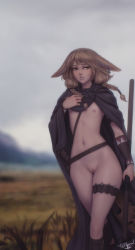 Rule 34 | 1girl, animal ears, belt, blurry, blurry background, braid, brown eyes, cleft of venus, cloak, day, digitigrade, earrings, flat chest, fox ears, fox tail, highres, jewelry, khiara (personal ami), light brown hair, naked cloak, nipples, nude, original, outdoors, overcast, personal ami, petite, pussy, short hair, sky, solo, tail, thick thighs, thigh strap, thighs, uncensored, vambraces, walking, wide hips