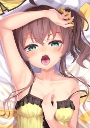 Rule 34 | 1girl, absurdres, ahoge, arm over head, arm up, armpits, bare arms, bare shoulders, bed sheet, blush, breasts, brown hair, camisole, collarbone, commentary request, frilled camisole, frills, green eyes, hair ornament, hair scrunchie, hand on own chest, hand up, heart, heart-shaped pupils, highres, hololive, long hair, looking at viewer, natsuiro matsuri, natsuiro matsuri (matsuri&#039;s day off), open mouth, oral invitation, saliva, scrunchie, side ponytail, solo, starkamisan, strap slip, symbol-shaped pupils, tongue, tongue grab, tongue out, upper body, v-shaped eyebrows, virtual youtuber