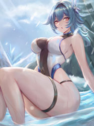 Rule 34 | 1girl, adapted costume, black hairband, blue hair, breasts, chestnut mouth, competition swimsuit, eula (genshin impact), genshin impact, hair between eyes, hairband, highres, large breasts, leonmandala, looking at viewer, medium hair, one-piece swimsuit, sideboob, solo, swimsuit, thigh strap, thighs, wet, yellow eyes