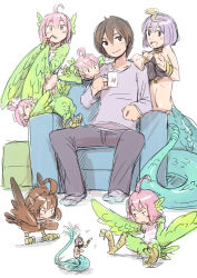 Rule 34 | 1boy, 6+girls, ^^^, afterimage, ahoge, bad id, bad pixiv id, bangle, bracelet, brown hair, chair, circlet, coffee mug, cup, drinking, drinking straw, family, father and daughter, feather hair, feathered wings, harpy, jewelry, juice box, lamia, looking at another, monster girl, mother and daughter, mug, multiple girls, nucomas, odd one out, original, pink hair, purple hair, scales, short hair, simple background, sitting, tail, tail wagging, talons, white background, winged arms, wings