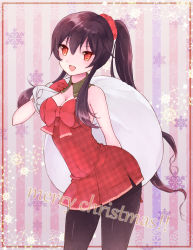 Rule 34 | 10s, 1girl, alternate costume, arm behind back, bare shoulders, black hair, black pantyhose, bow, breasts, christmas, cleavage, detached collar, dress, gloves, hair ornament, high ponytail, highres, kantai collection, long hair, looking at viewer, merry christmas, nagidango, over shoulder, pantyhose, plaid, plaid dress, red bow, red dress, red eyes, red gloves, sack, snowflakes, solo, strapless, strapless dress, striped, striped background, vertical stripes, yahagi (kancolle)