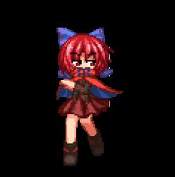 Rule 34 | animated, animated gif, ankle boots, attack, black footwear, boots, bow, cape, cloak, collar, commentary, hair bow, headless, isu (is88), lowres, pixel art, pleated skirt, red cape, red cloak, red eyes, red hair, sekibanki, skirt, spinning, sprite, touhou, transparent background