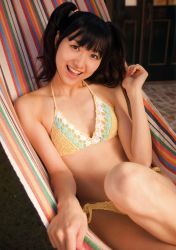 Rule 34 | 1girl, asian, bikini, black hair, breasts, flat chest, hammock, highres, indoors, looking at viewer, mole, photo (medium), real life, side-tie bikini bottom, small breasts, smile, solo, swimsuit, tomatsu haruka, twintails, voice actor