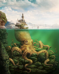 Rule 34 | absurdres, animal, bird, brown eyes, castle, cephalopod eyes, cloud, cloudy sky, commentary, day, english commentary, highres, horizontal pupils, island, kraken, kyu yong eom, monster, mountainous horizon, no humans, octopus, original, oversized animal, scenery, ship, sky, water, watercraft