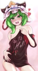 Rule 34 | 1girl, absurdres, bad id, bad pixiv id, blush, cafeier, clothes writing, collarbone, detached sleeves, fingernails, gluteal fold, gradient background, green eyes, green hair, hat, heart, highres, looking at viewer, low neckline, medium hair, nail polish, naked shirt, open mouth, pink background, red nails, shiki eiki, shirt, smile, solo, touhou