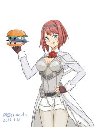 Rule 34 | 1girl, aircraft, airplane, ark royal (kancolle), biplane, blue eyes, blunt bangs, bob cut, breasts, brown gloves, burger, cleavage cutout, clothing cutout, corset, fairey swordfish, fingerless gloves, flower, food, geru, gloves, holding, holding food, inverted bob, kantai collection, large breasts, long sleeves, overskirt, pantyhose, red flower, red hair, red ribbon, red rose, ribbon, rose, short hair, shorts, solo, tiara, white background, white corset, white pantyhose, white shorts