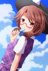Rule 34 | 1girl, black hat, blue sky, blush, bow, brown eyes, brown hair, cloud, cloudy sky, commentary request, day, dutch angle, food, from side, glasses, hat, hat bow, highres, holding, looking at viewer, low twintails, plaid, popsicle, purple skirt, red-framed eyewear, semi-rimless eyewear, shirt, short sleeves, skirt, skirt set, sky, sleeveless, solo, sweat, teoi (good chaos), touhou, twintails, under-rim eyewear, upper body, usami sumireko, white bow, white shirt