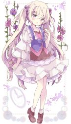Rule 34 | 1girl, :d, absurdres, blonde hair, blush, brown footwear, clock, commentary request, dress, flower, full body, hair between eyes, hair ribbon, hand up, highres, holding, juliet sleeves, long hair, long sleeves, looking at viewer, open mouth, original, pink flower, puffy sleeves, purple eyes, purple flower, purple ribbon, ribbon, shoes, simple background, smile, socks, solo, stuffed animal, stuffed toy, teddy bear, tsukiyo (skymint), twintails, very long hair, white background, white dress, white socks, wide sleeves