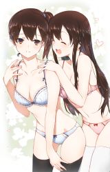 Rule 34 | 10s, 2girls, :d, ^ ^, akagi (kancolle), bare arms, bare shoulders, black legwear, blue bra, blue panties, blush, bow, bow bra, bow panties, bra, breasts, brown eyes, brown hair, cleavage, closed eyes, collarbone, closed eyes, female focus, grin, hands on another&#039;s shoulders, heart, kaga (kancolle), kantai collection, leaning, leaning forward, legs, lingerie, long hair, looking at viewer, midriff, multiple girls, navel, neck, open mouth, panties, parted lips, red bra, red panties, ribbon-trimmed bra, short hair, side ponytail, smile, standing, straight hair, thighhighs, underwear, underwear only, weee (raemz), white legwear, yuri