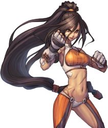 Rule 34 | 00s, 1girl, armlet, bandages, bandaid, bare shoulders, boots, brawler (dungeon and fighter), breasts, brown eyes, brown hair, chaps, cowboy shot, dungeon and fighter, fighter (dungeon and fighter), fighting stance, fingerless gloves, framed breasts, gloves, hair ornament, long hair, midriff, muscular, navel, official art, panties, ponytail, scar, simple background, smile, solo, underwear, very long hair, white panties