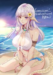 Rule 34 | 1girl, arm tattoo, au ra, beach, bikini, breasts, cleavage, commission, dragon horns, dragon tail, eyebrows hidden by hair, final fantasy, final fantasy xiv, flower, hair flower, hair ornament, heterochromia, highres, horns, large breasts, light blush, lipstick, long braid, long hair, looking at viewer, makeup, multiple necklaces, nail polish, navel, nekonekoz001, ocean, pink hair, purple eyes, red eyes, sandals, scales, signature, sitting, skeb commission, solo, string around wrist, sun, sunset, swimsuit, tail, tattoo, wariza, warrior of light (ff14), white bikini, white footwear, wristband