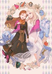 Rule 34 | 2girls, anna (frozen), barefoot, blue eyes, boots, brown footwear, brown hair, carrot, cherico, closed eyes, dress, elsa (frozen), frozen (disney), frozen ii (disney), highres, holding hands, hourglass, illustration.media, long hair, multiple girls, open mouth, parted lips, platinum blonde hair, siblings, sisters, smile, white dress