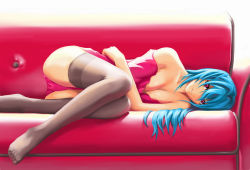 Rule 34 | 1girl, bare shoulders, blue hair, breasts, cleavage, couch, crossed arms, feet, legs, lying, original, pink eyes, smile, solo, thighhighs, thighs, toes, ying mao