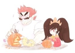 Rule 34 | 1boy, 1girl, ashley (warioware), big nose, black hair, brown hair, cleft chin, closed eyes, cutie-png, dress, facial hair, fingerless gloves, gloves, grin, hair ornament, highres, long hair, mustache, nintendo, pointy ears, pumpkin, red dress, red eyes, shirt, simple background, smile, twintails, wario, warioware, white background, white shirt, yellow gloves