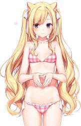Rule 34 | 1girl, animal ear fluff, animal ears, bare arms, bare shoulders, bikini, bikini day, blonde hair, breasts, brown eyes, cat ears, collarbone, cowboy shot, frilled bikini, frills, hair ribbon, halterneck, highres, komeshiro kasu, long hair, looking at viewer, navel, original, own hands together, pink bikini, plaid, plaid bikini, ribbon, side-tie bikini bottom, simple background, small breasts, smile, solo, standing, stomach, swimsuit, thighs, twintails, very long hair, wavy hair, white background, white ribbon