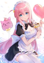 Rule 34 | 1girl, alternate costume, apron, balloon, black dress, blue eyes, blush, bocchi the rock!, bow, bowtie, breasts, cleavage, cube hair ornament, dress, frilled apron, frills, gotoh hitori, gotoh hitori (octopus), hair ornament, heart, heart balloon, highres, holding, kleune, large breasts, long hair, looking at viewer, maid, maid apron, maid headdress, one side up, open mouth, pink hair, puffy short sleeves, puffy sleeves, short sleeves, solo, thighhighs, very long hair, waist apron, white apron, white thighhighs